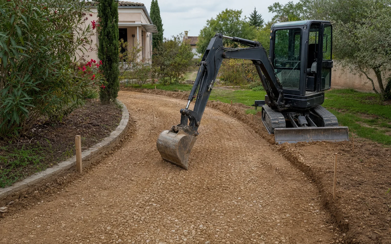 Création d'allée et réglage des niveaux par mini-pelle pour un jardin à Montauban