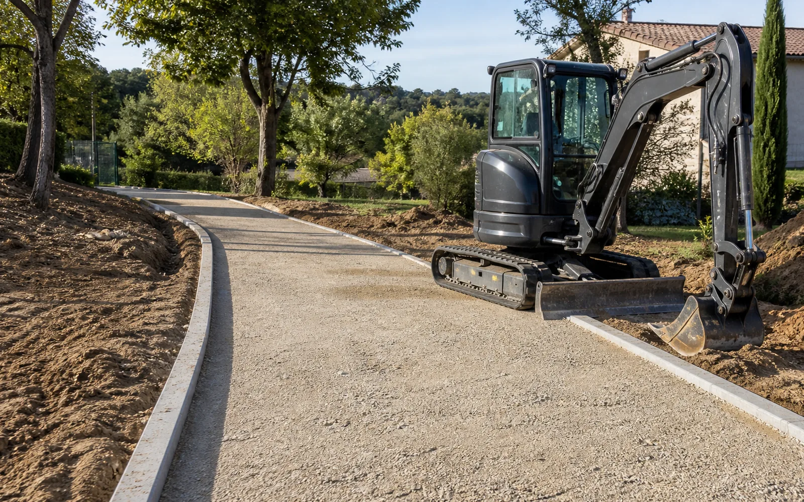 Allée carrossable préparée avec mini-pelle et compactage des matériaux à Montauban