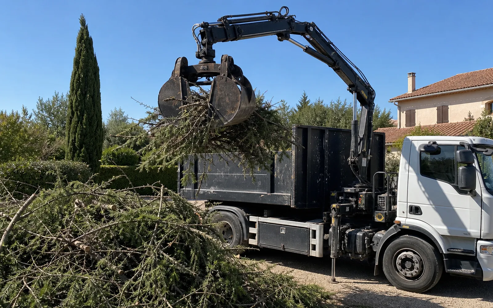 Chargement de branches et végétaux avec camion-grue sur un terrain à Montauban