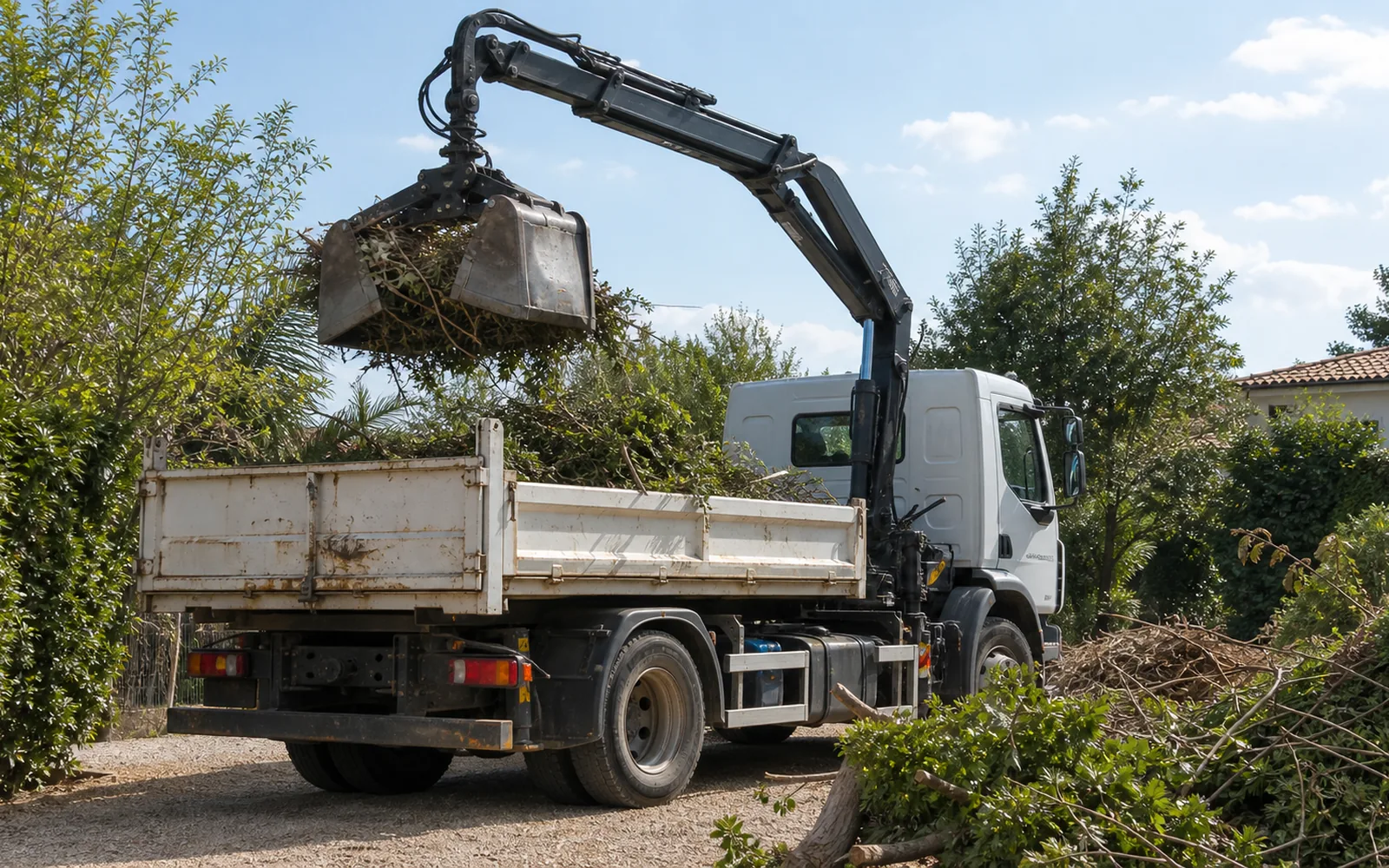 Camion-grue avec benne preneuse pour évacuation de déchets verts à Montauban