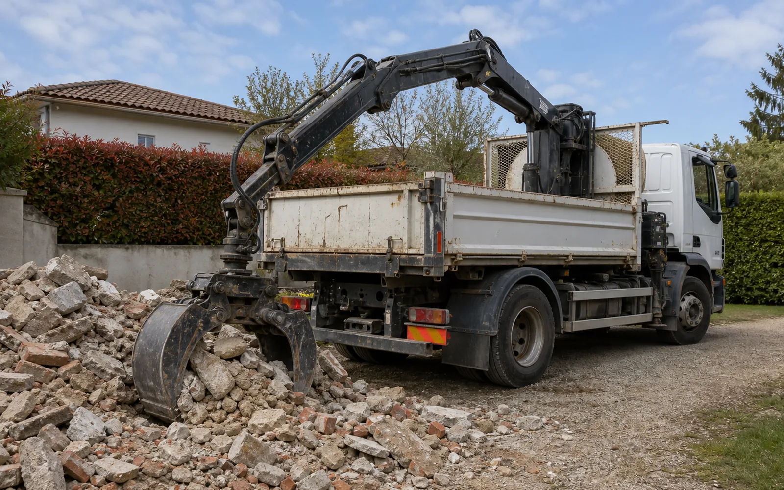 Chargement de gravats avec benne preneuse pour libérer un chantier à Montauban