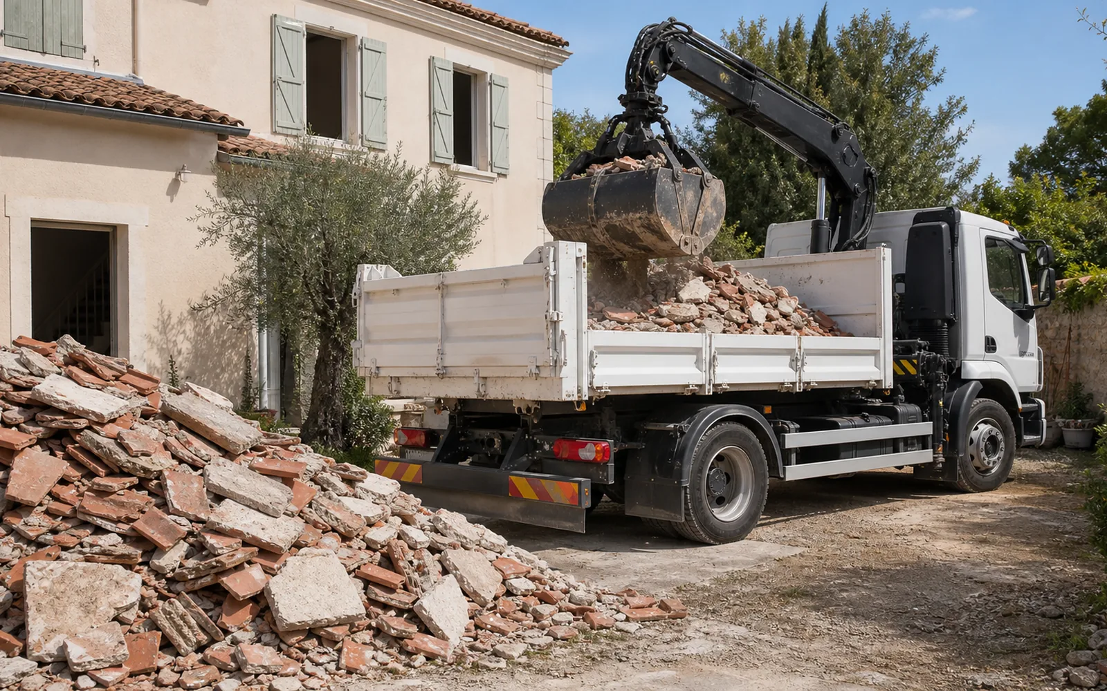 Évacuation de gravats de rénovation par camion-grue dans une propriété à Montauban