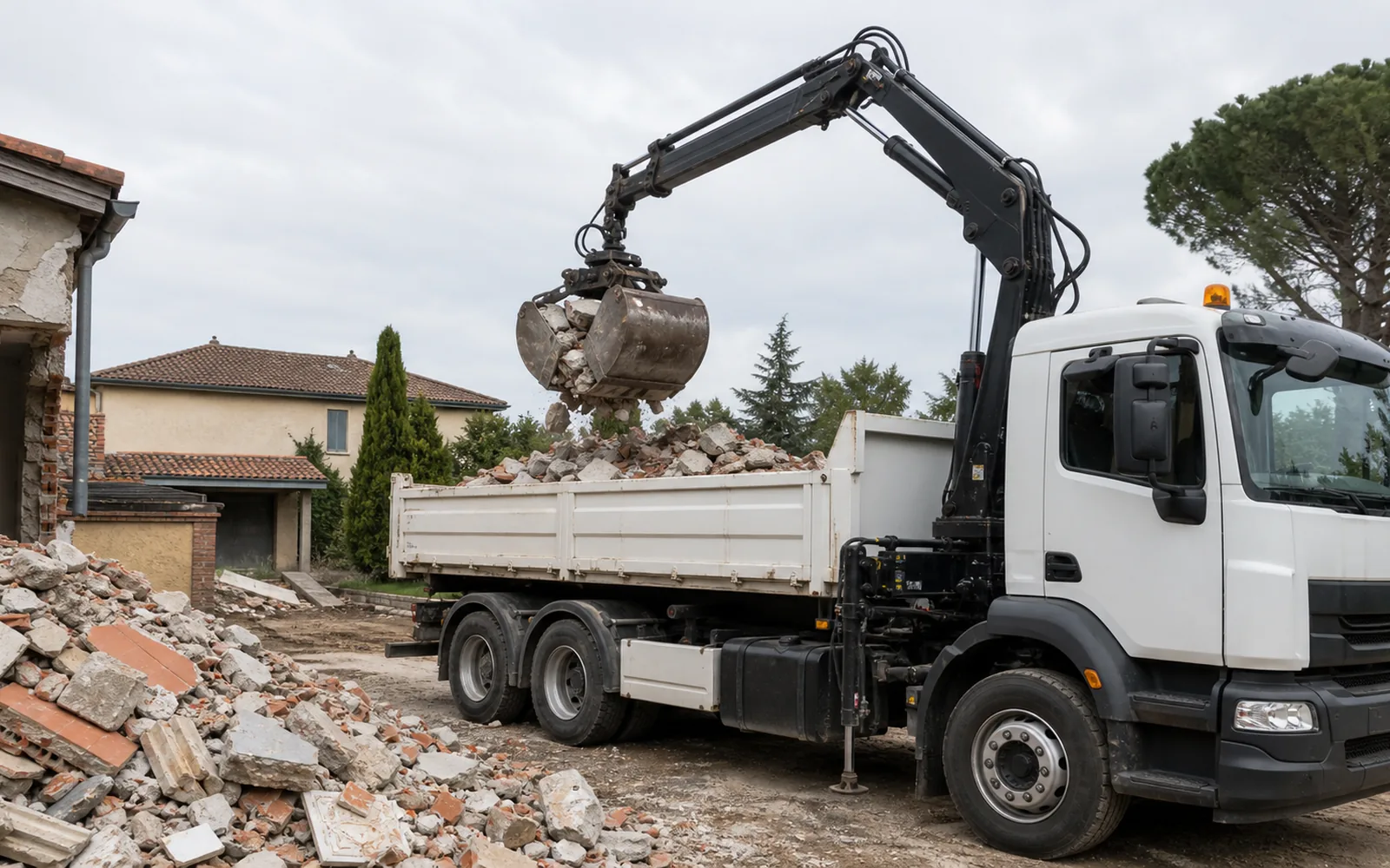 Camion-grue chargeant des gravats après démolition légère sur un chantier à Montauban