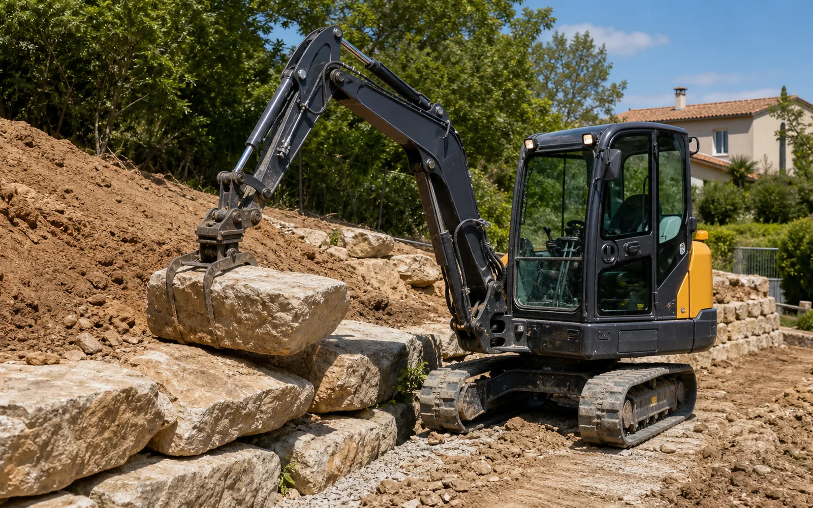 Mini-pelle positionnant des blocs pour un enrochement de soutènement à Montauban