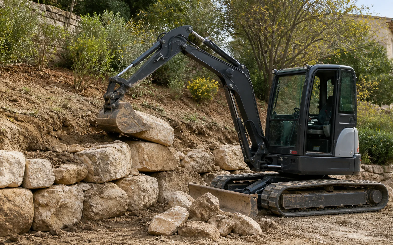 Pose de blocs d'enrochement avec mini-pelle pour retenir un talus à Montauban