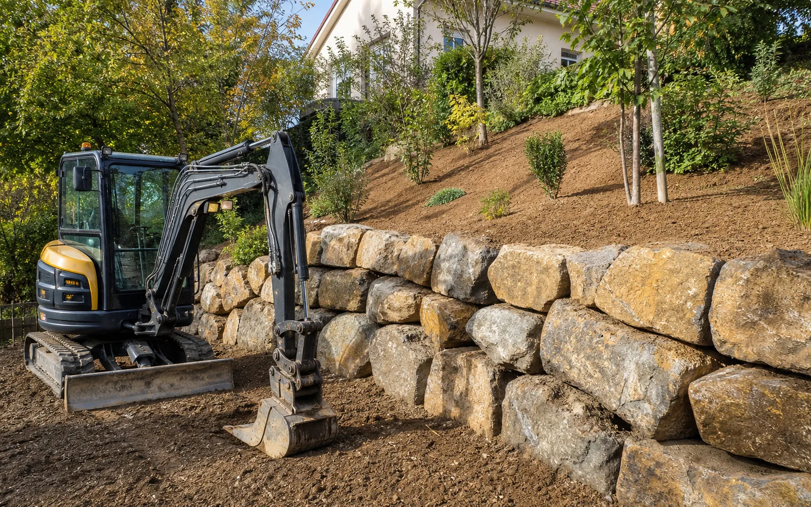Talus stabilisé après travaux d'enrochement et terrassement à la mini-pelle à Montauban