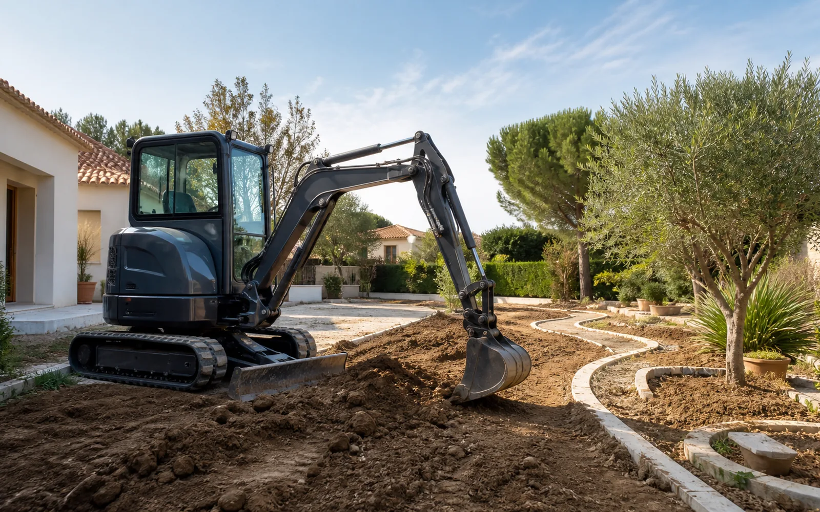 Mini-pelle pour aménagement extérieur et mise en forme de terrain à Montauban