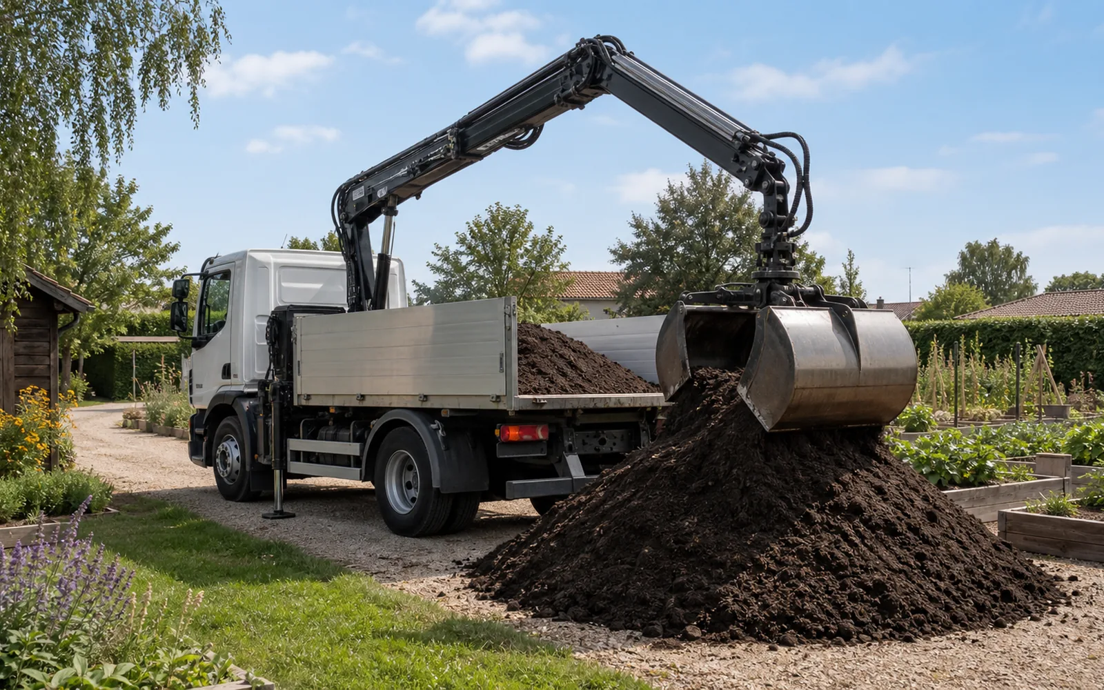 Camion-grue livrant du compost en vrac pour un jardin à Montauban