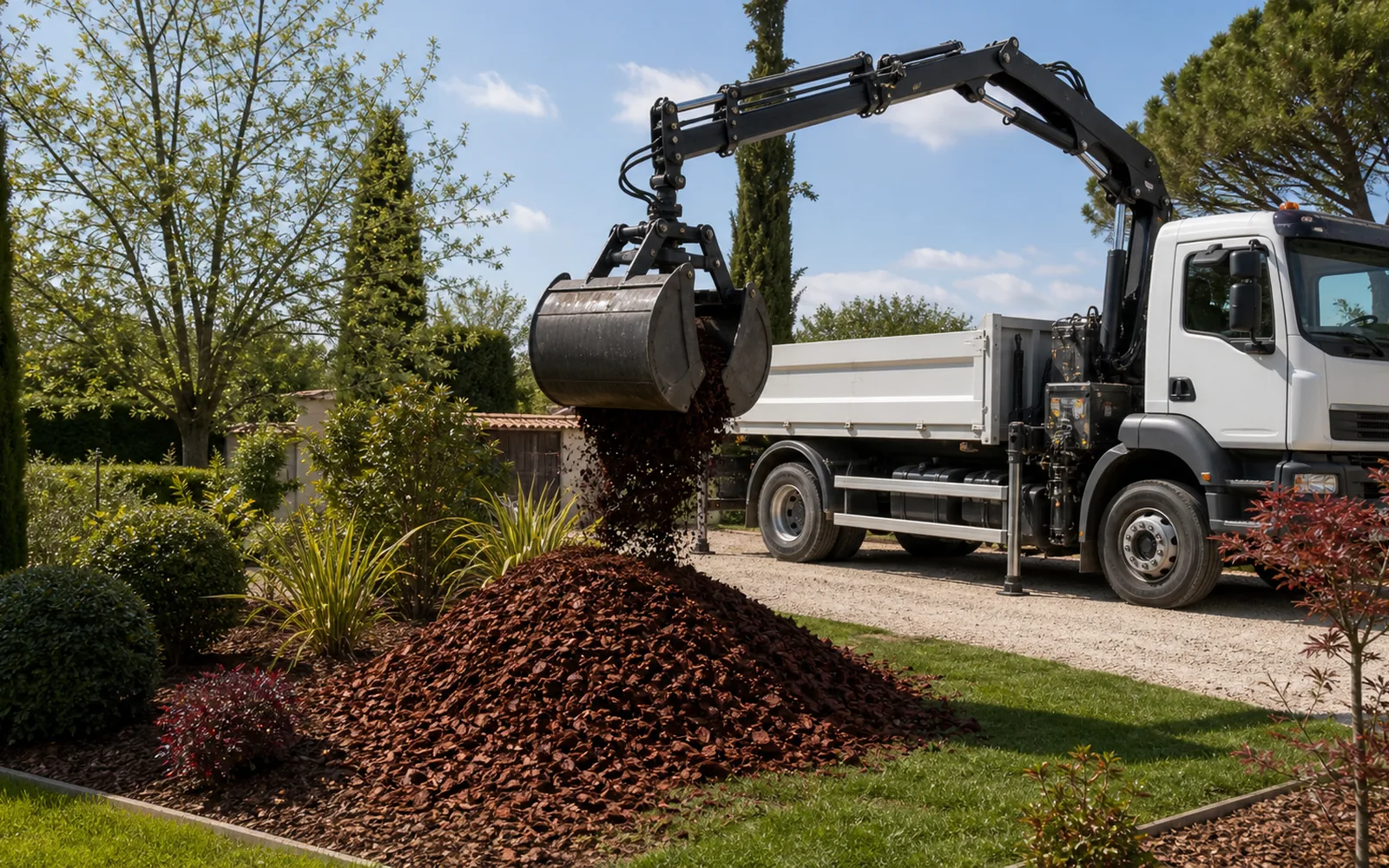 Dépôt de paillage en écorce de pin près de massifs paysagers à Montauban