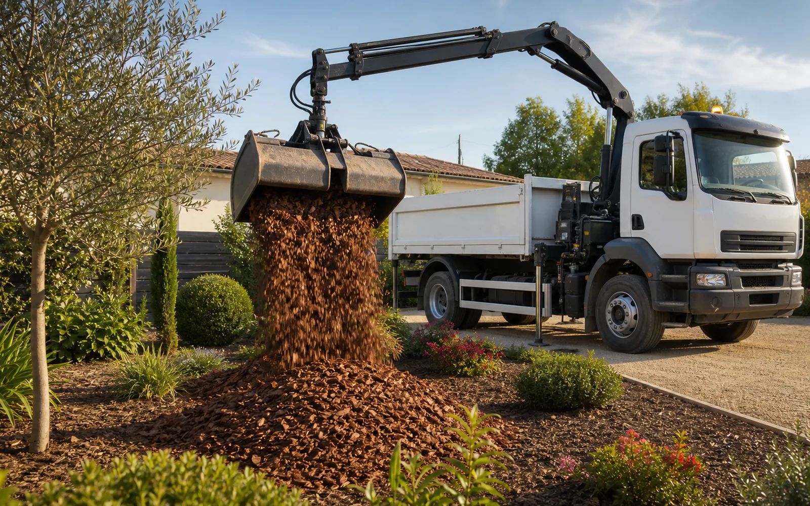 Camion-grue livrant de l'écorce de pin pour paillage de massif à Montauban