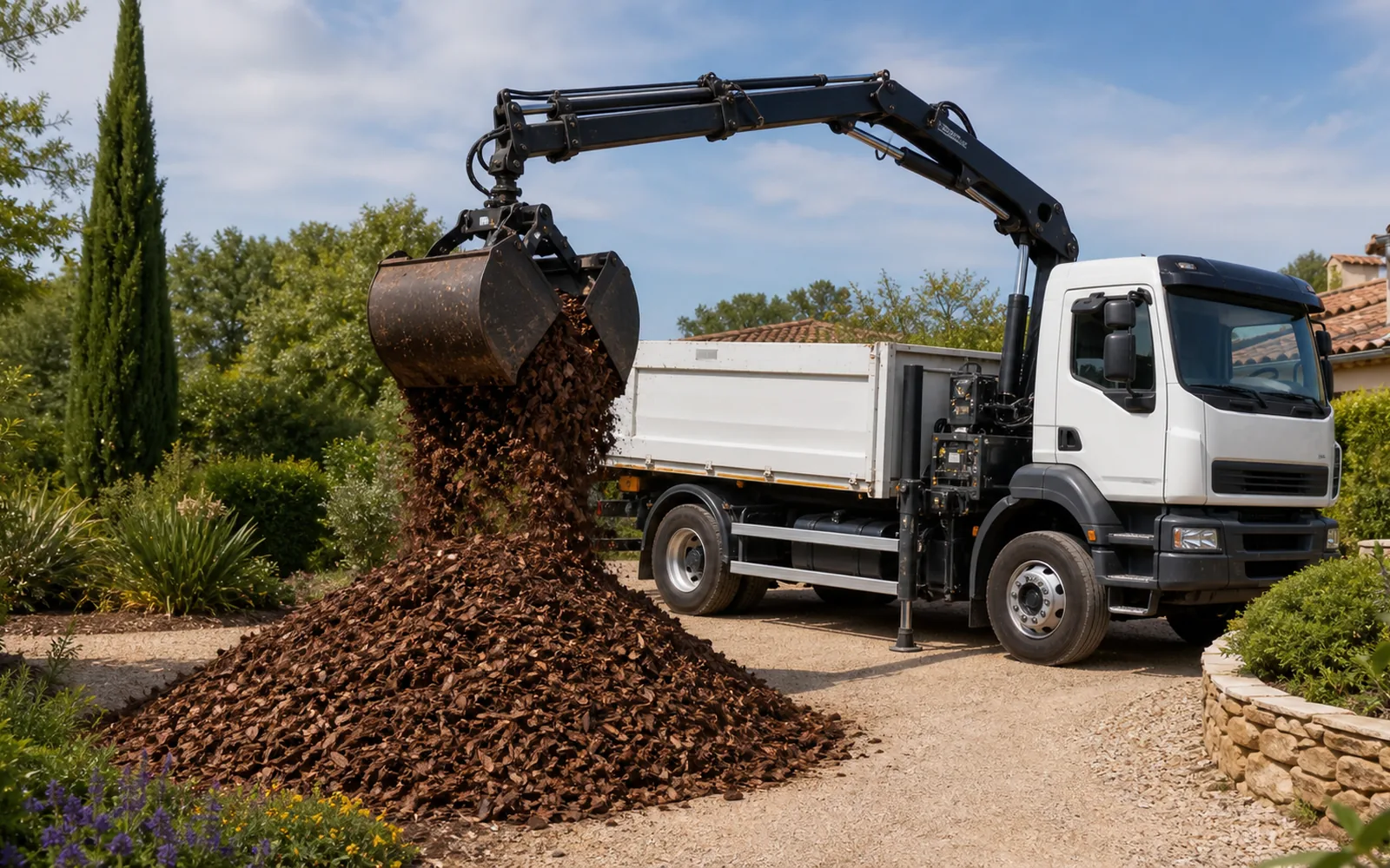 Livraison d'écorce de pin en vrac avec camion-grue pour jardin à Montauban
