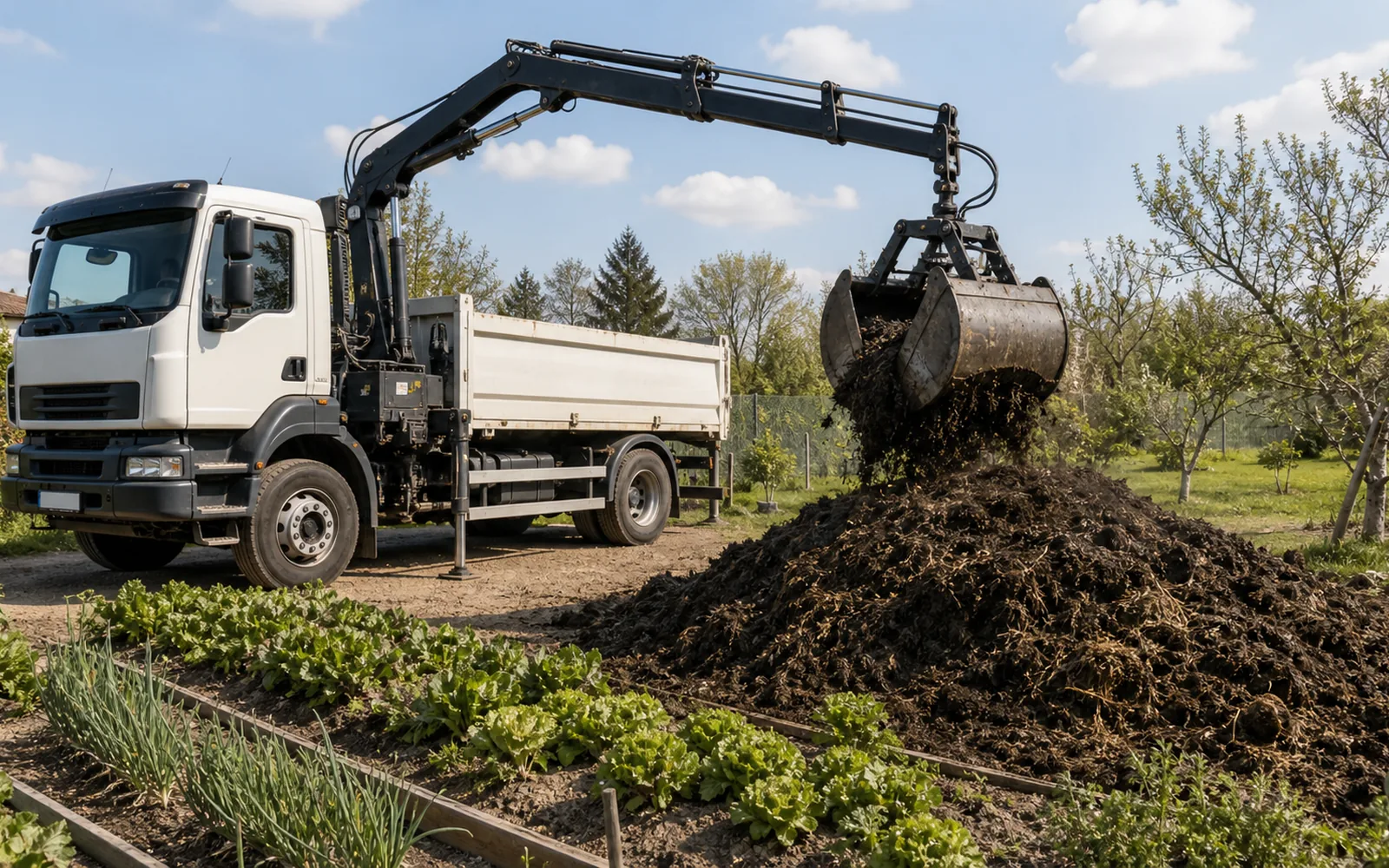 Livraison de fumier en vrac avec camion-grue sur une parcelle à Montauban
