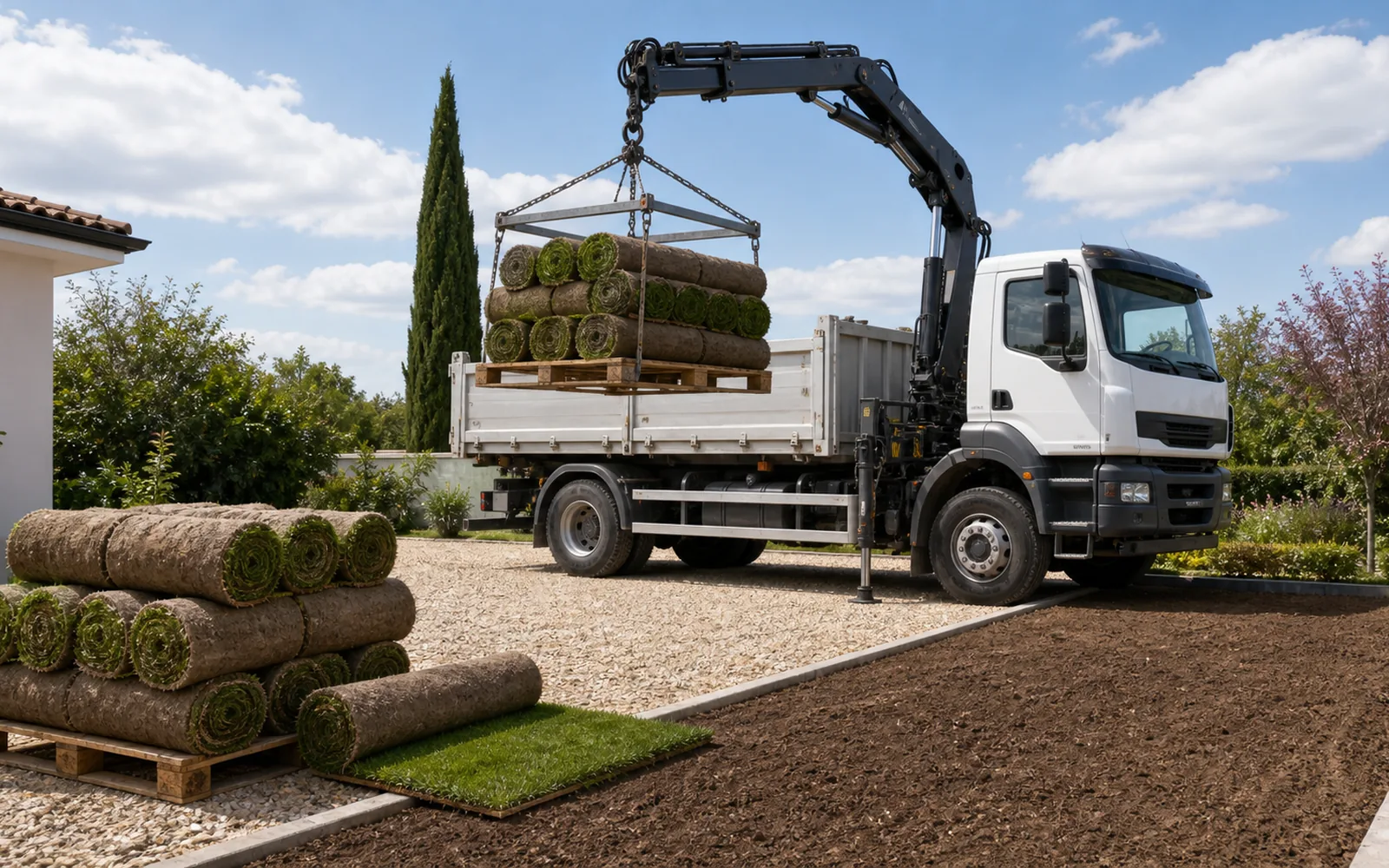 Livraison de gazon en rouleaux avec camion-grue avant pose de pelouse à Montauban