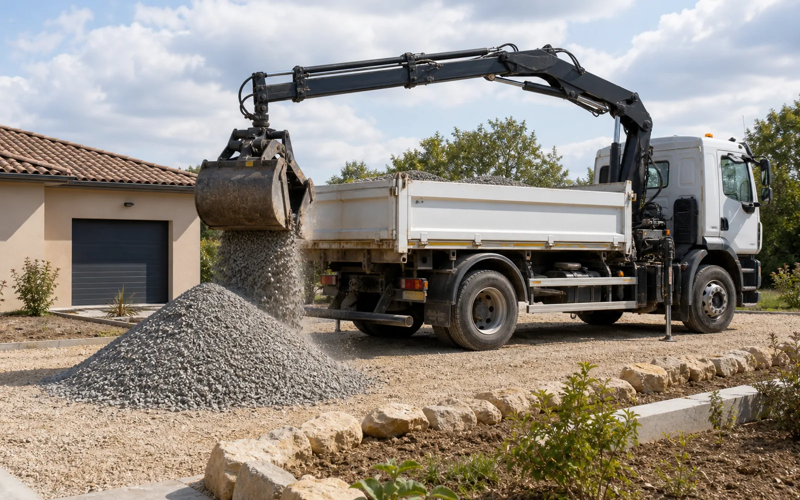 Camion-grue livrant du gravier et des granulats pour allée à Montauban