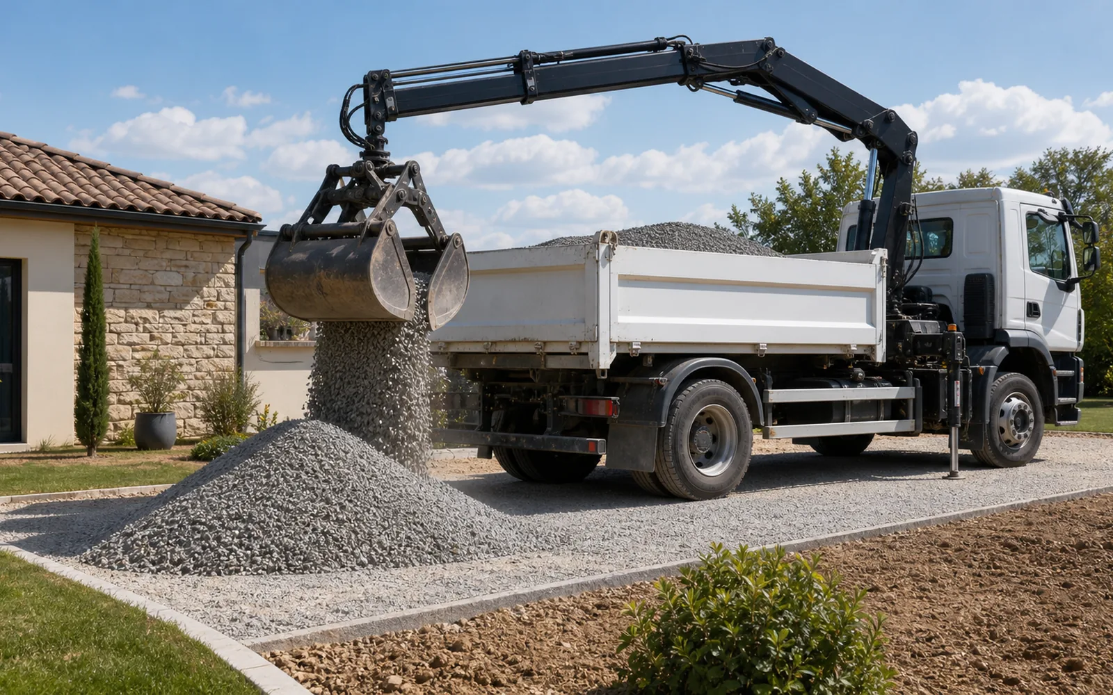 Déchargement de gravier avec benne preneuse pour cour et accès à Montauban