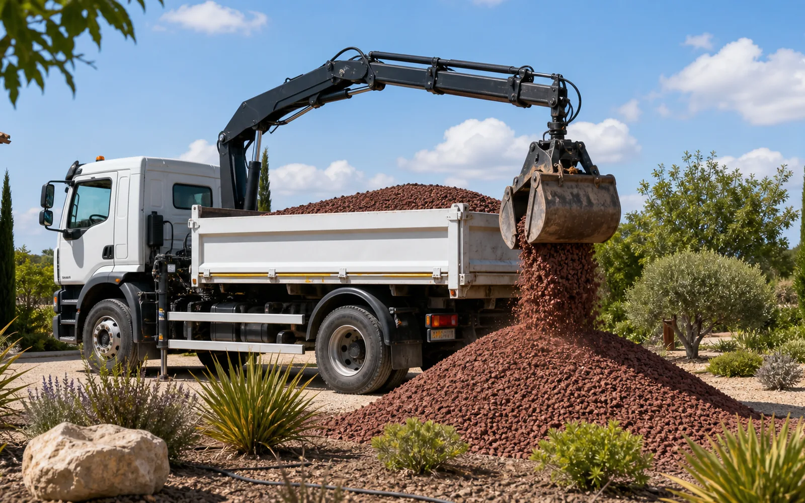 Camion-grue livrant de la pouzzolane en vrac pour massif à Montauban