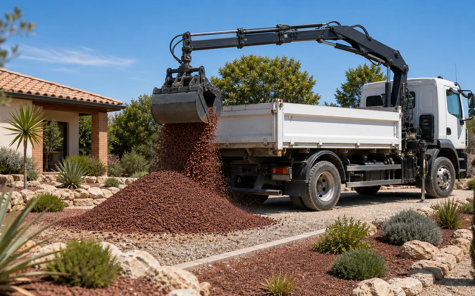 Livraison de pouzzolane avec camion-grue pour paillage minéral à Montauban