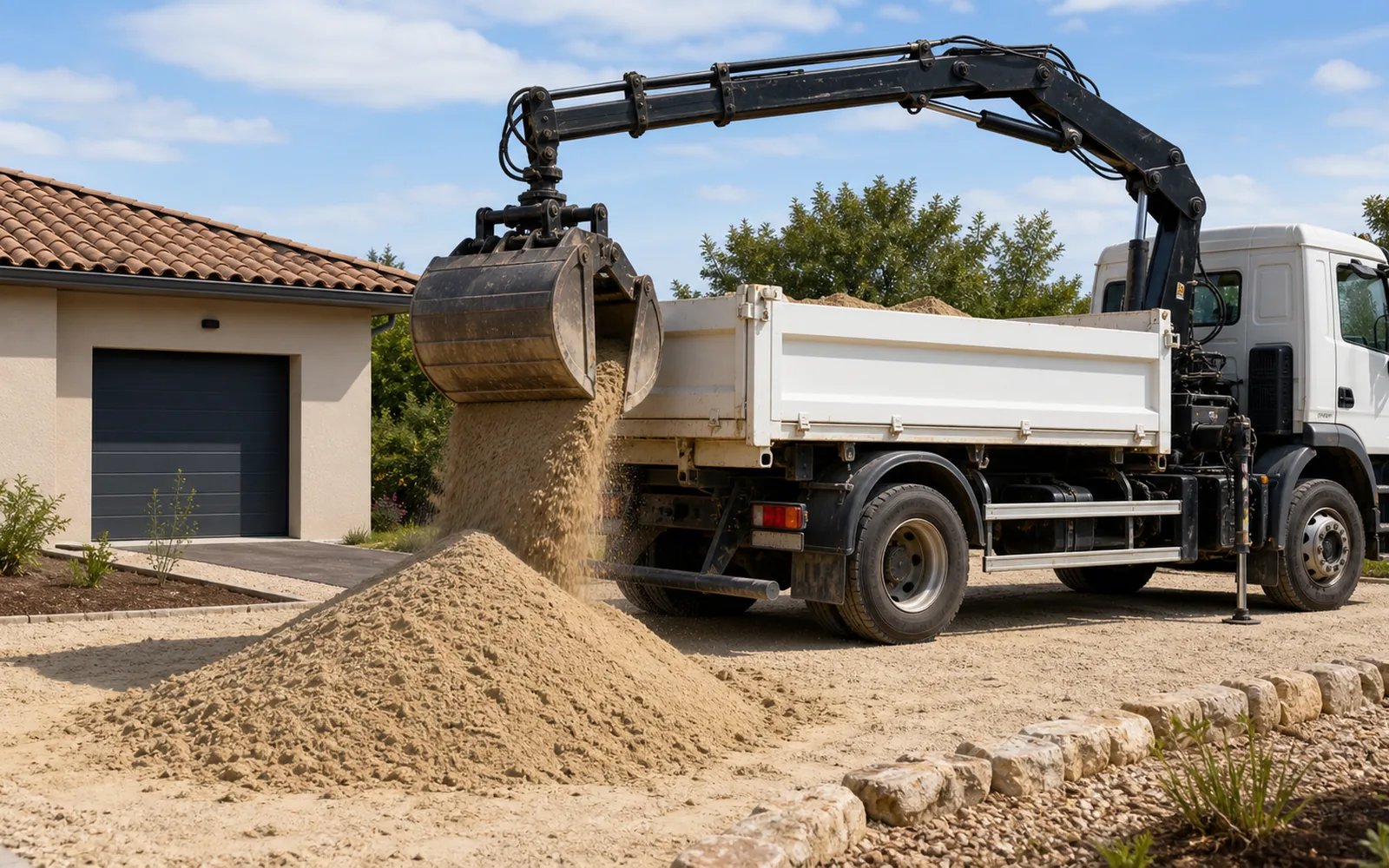 Camion-grue livrant du sable en vrac pour travaux extérieurs à Montauban
