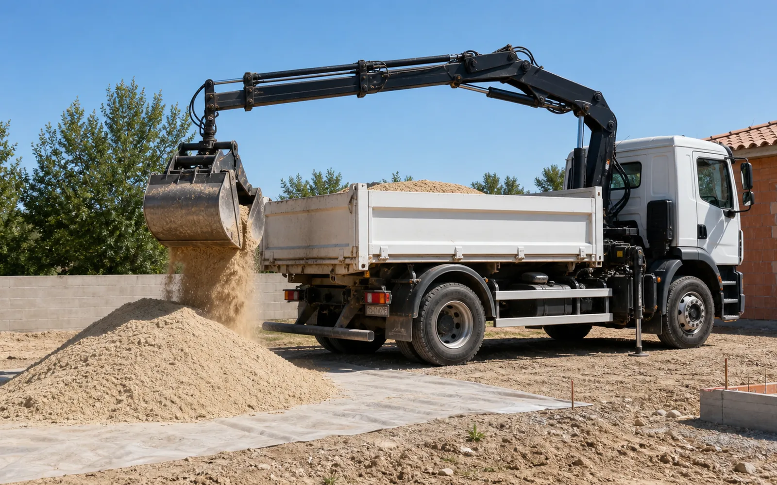 Livraison de sable en vrac avec camion-grue pour chantier de maison à Montauban