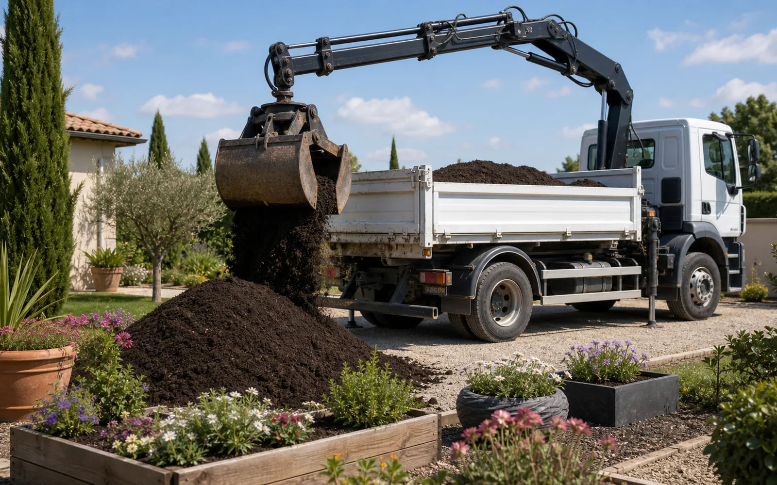 Livraison de terreau avec camion-grue pour massifs et jardinières à Montauban