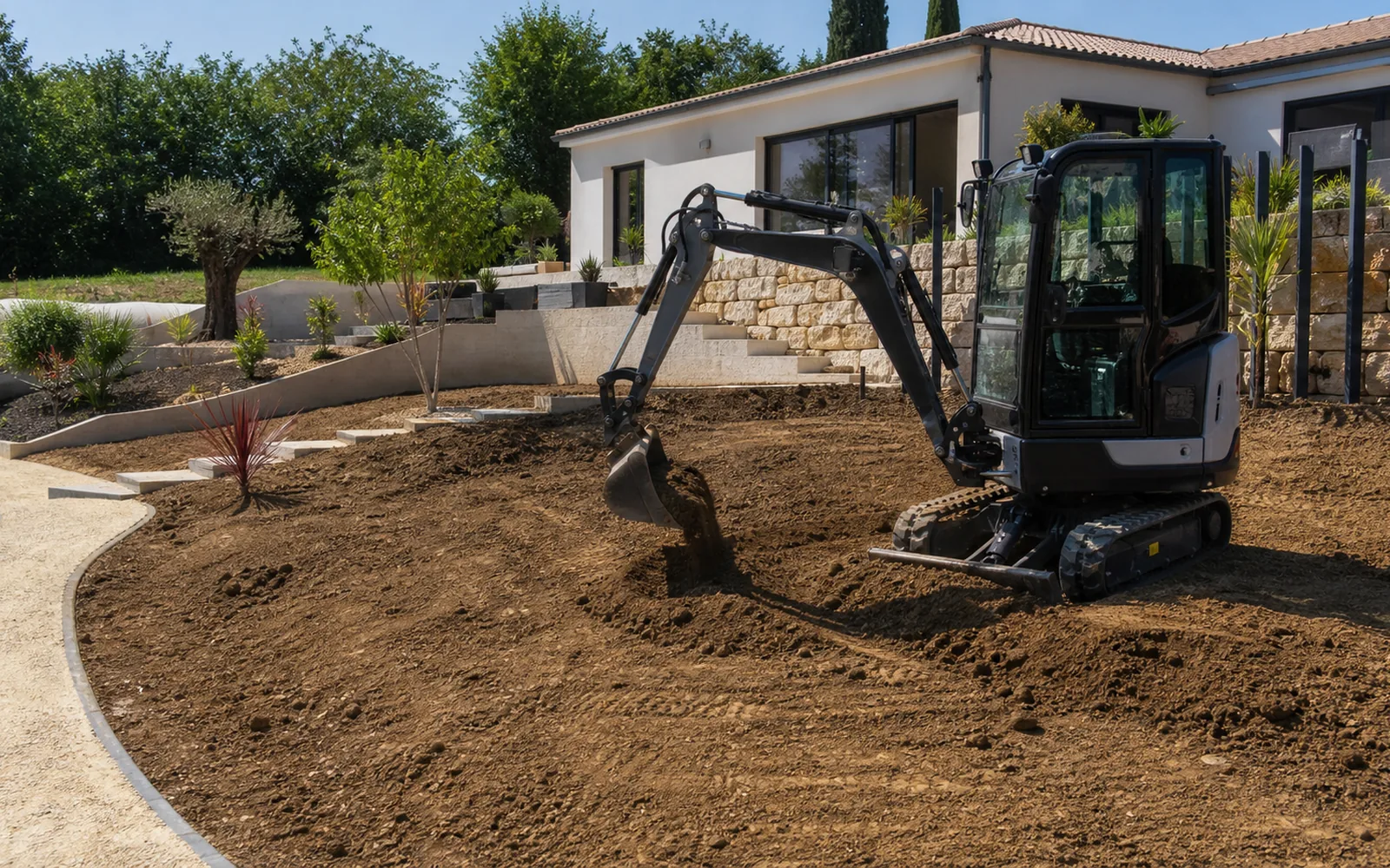 Modelage de terrain extérieur avec mini-pelle pour préparer les abords d'une maison à Montauban