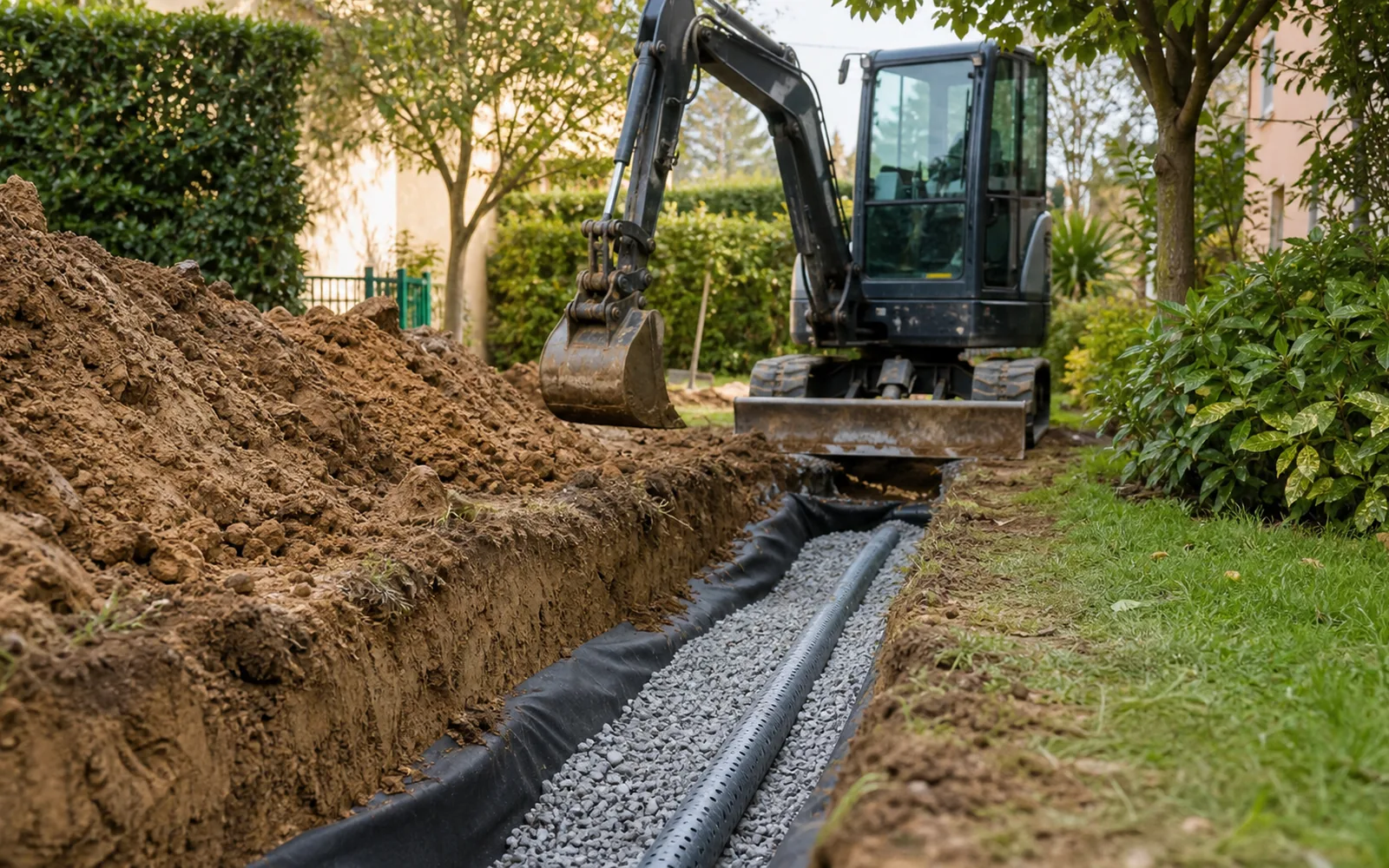 Drainage de jardin avec tranchée filtrante et mini-pelle sur sol argileux à Montauban