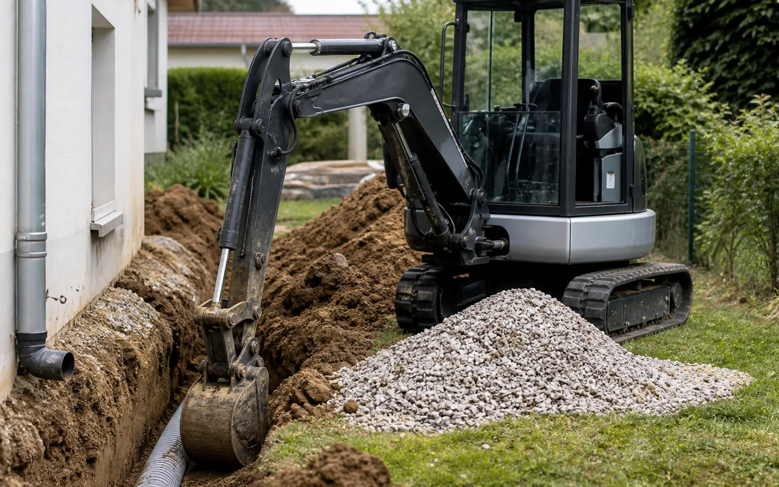 Mini-pelle réalisant une tranchée drainante pour eaux pluviales à Montauban