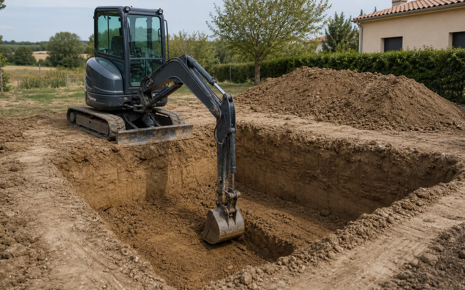 Mini-pelle creusant une fouille pour fosse septique ou microstation à Montauban