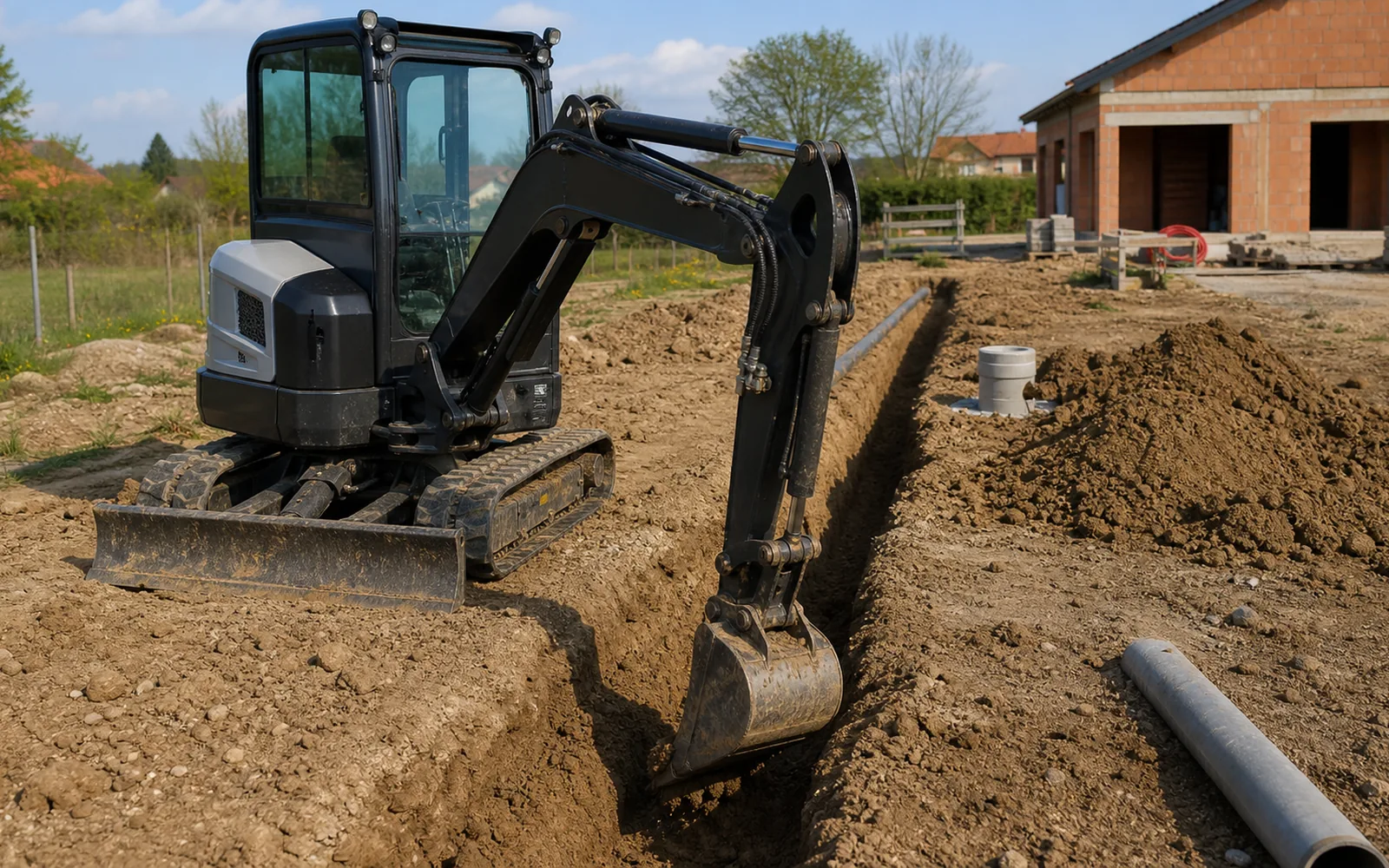 Mini-pelle ouvrant une tranchée pour assainissement et VRD sur un chantier à Montauban