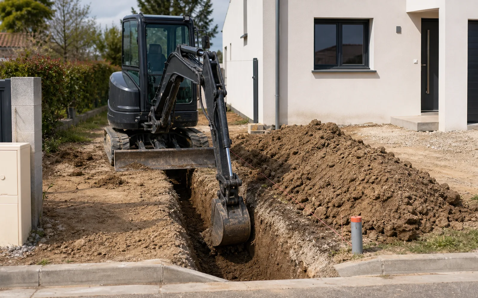 Mini-pelle ouvrant une tranchée de raccordement aux réseaux pour maison à Montauban
