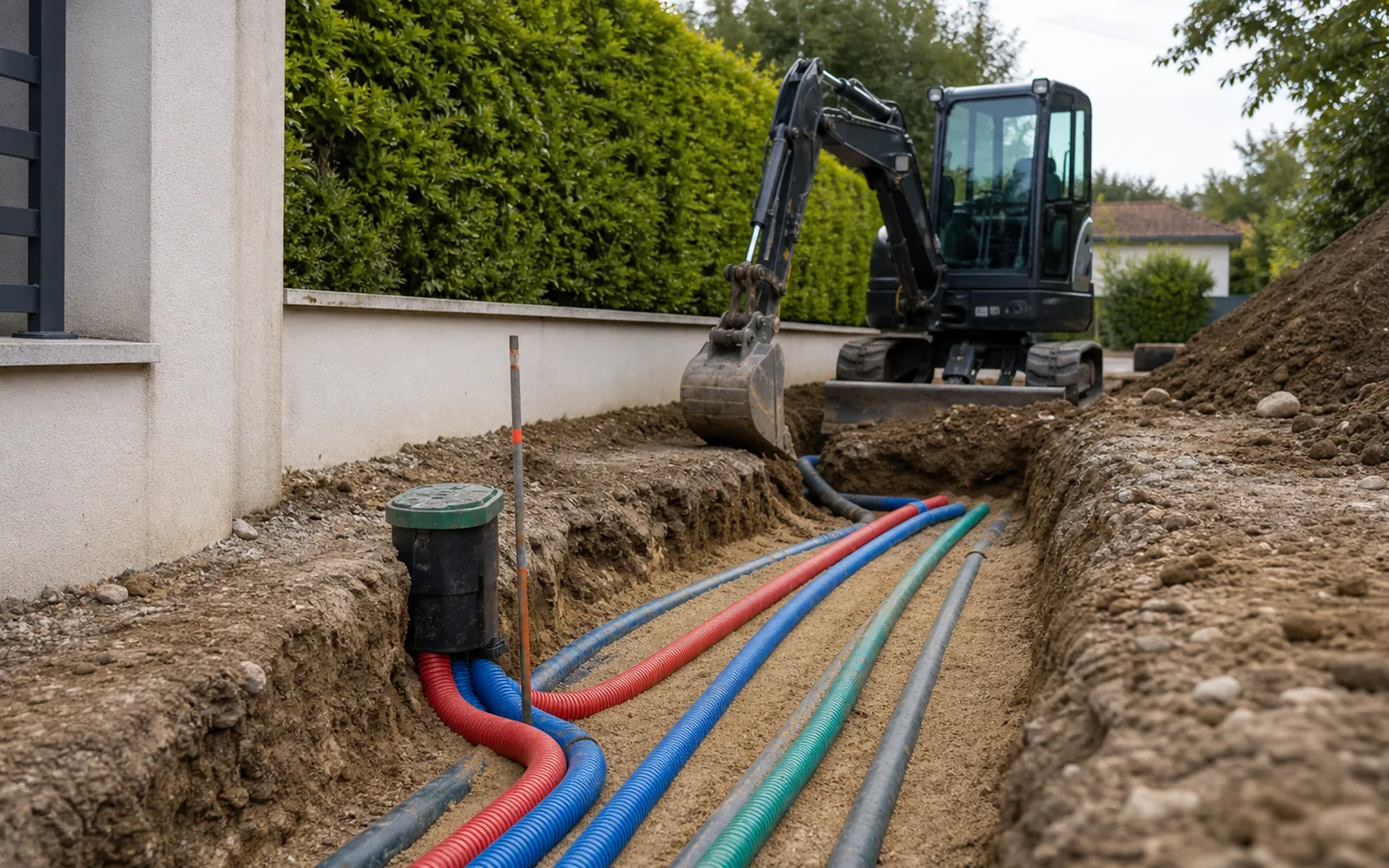 Tranchée de raccordement eau électricité et télécom préparée à la mini-pelle à Montauban