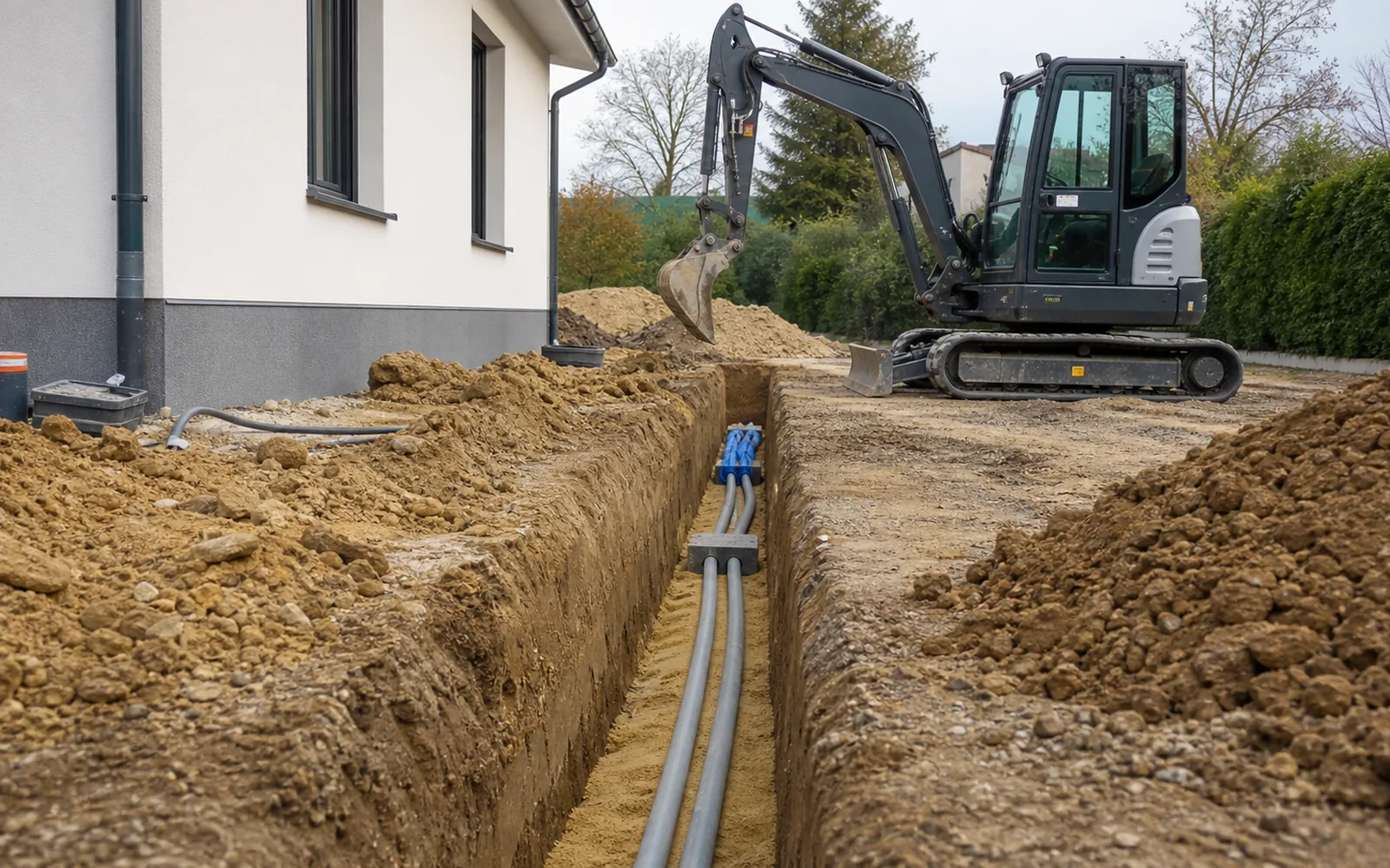 Tranchée VRD pour réseaux de maison réalisée avec mini-pelle à Montauban