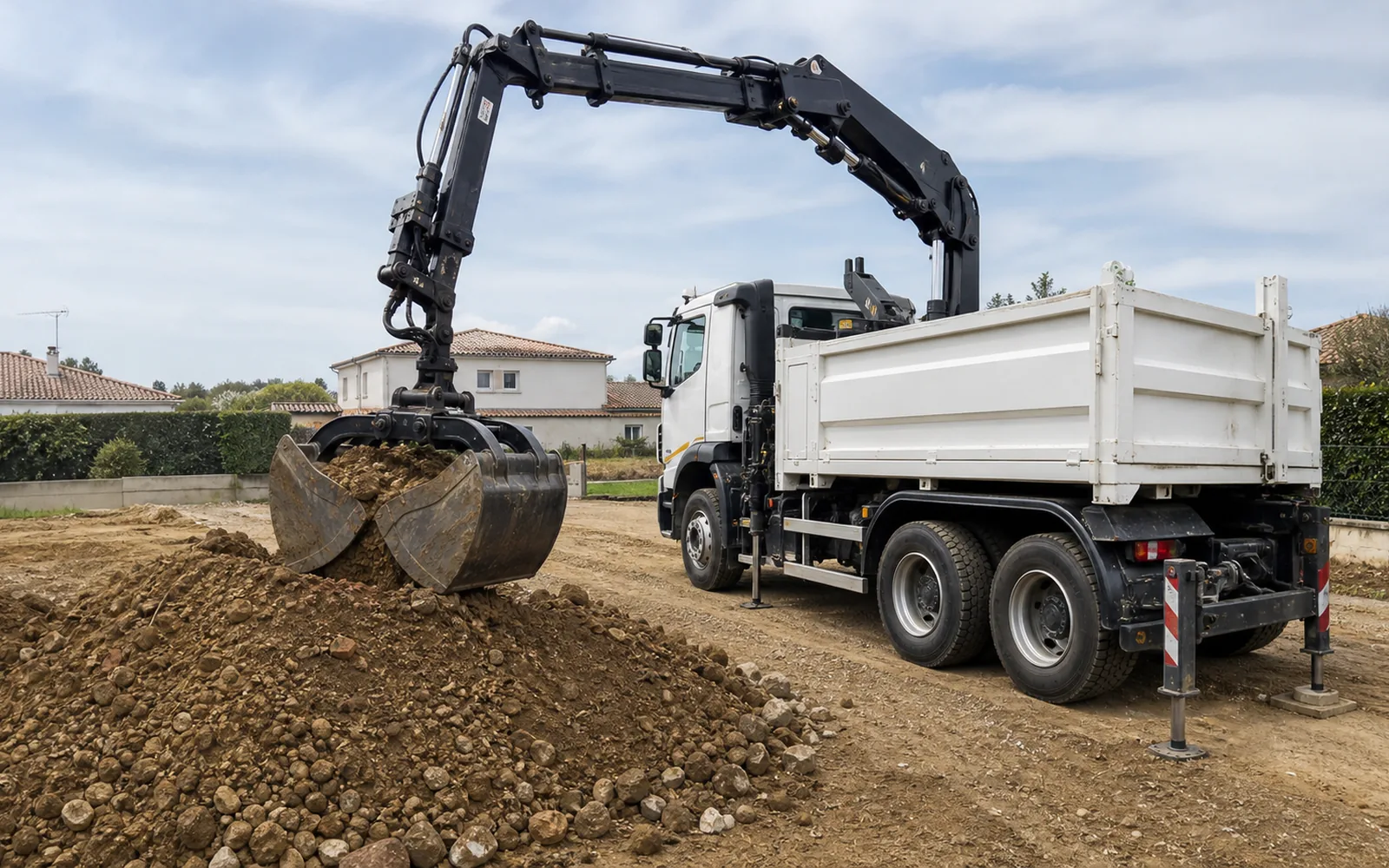 Chargement de déblai en vrac avec camion-grue et benne preneuse à Montauban