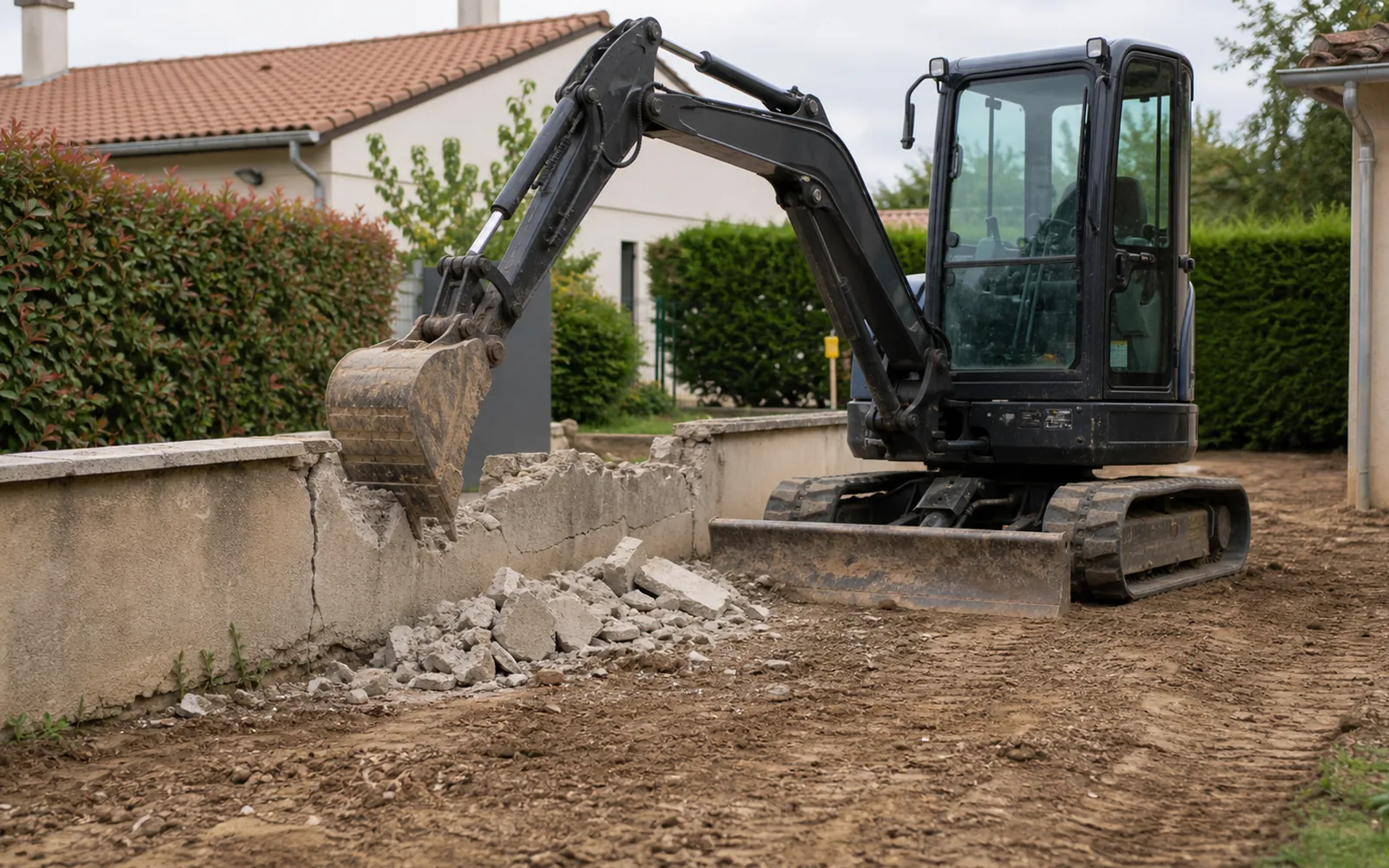 Déconstruction propre d'un muret avec mini-pelle avant remise en état du terrain à Montauban