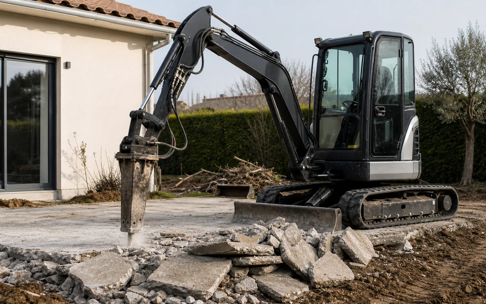 Démolition de dalle béton avec mini-pelle et marteau hydraulique sur chantier à Montauban