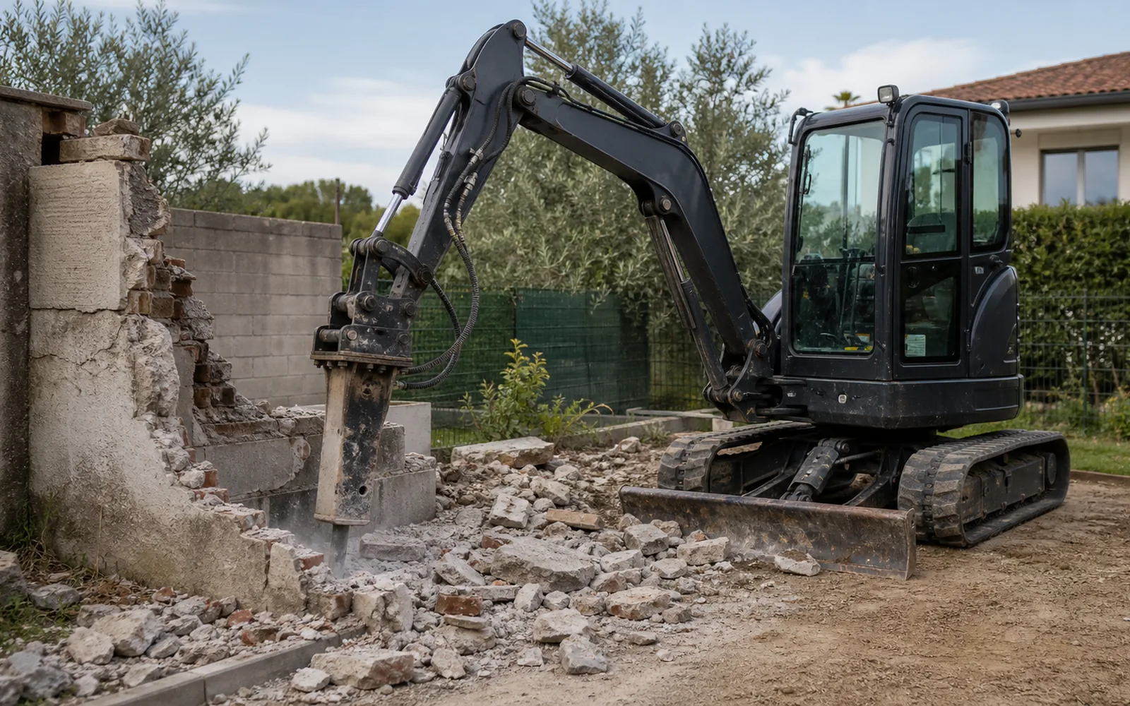 Mini-pelle équipée pour démolition légère d'un ouvrage maçonné à Montauban