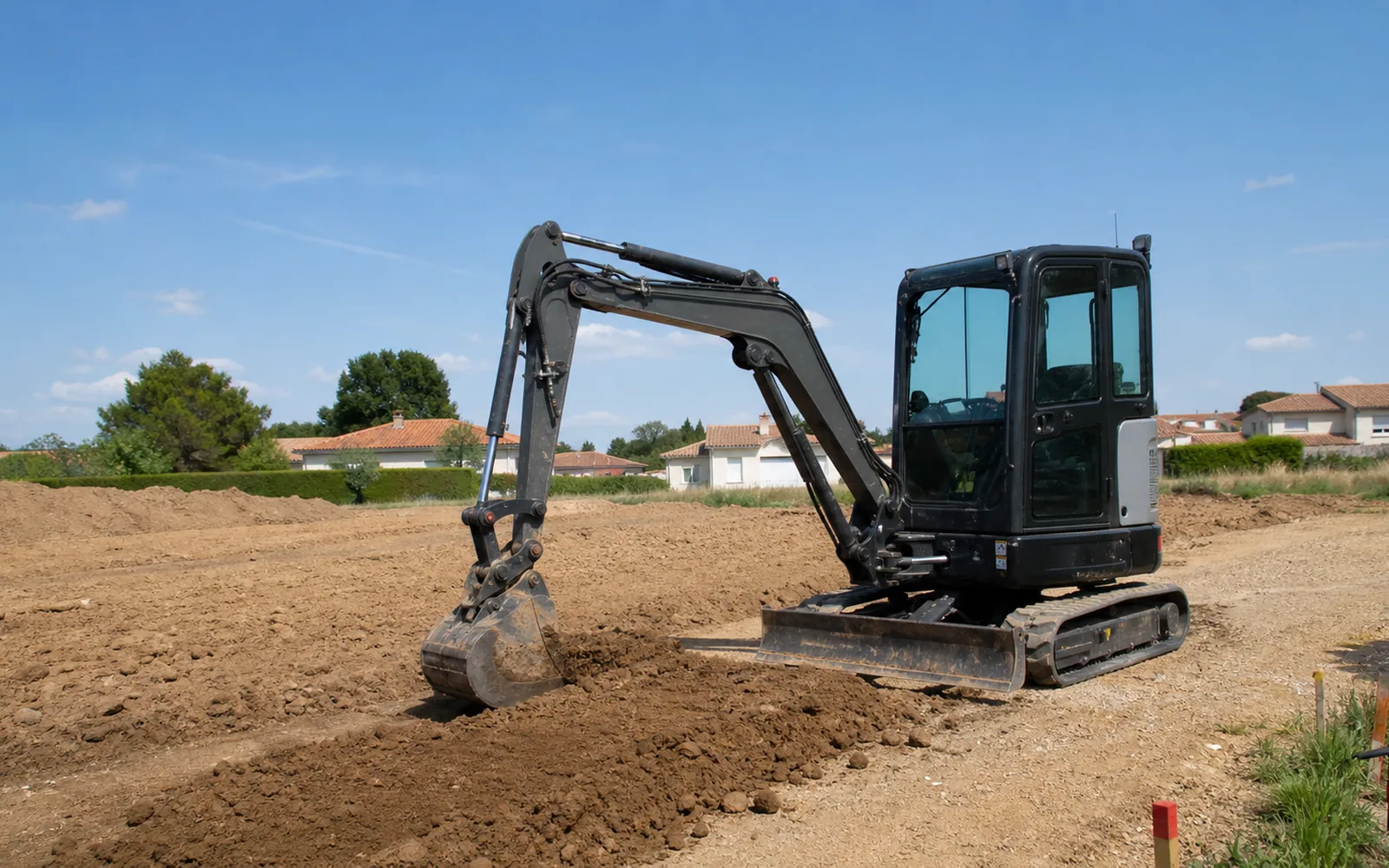 Terrassement à Montauban avec mini-pelle Mini-pelle sur un chantier de terrassement à Montauban pour préparer un terrain résidentiel