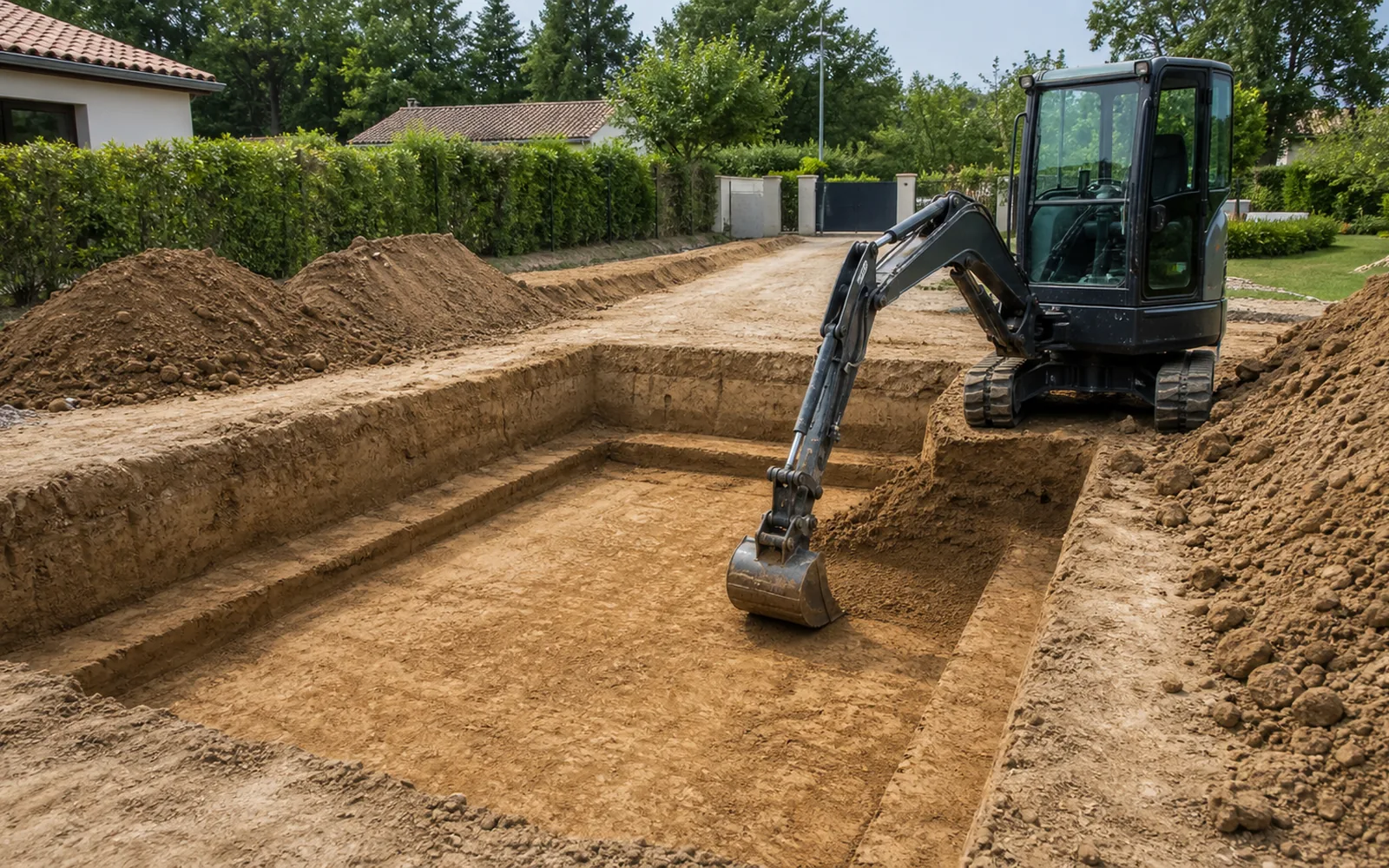 Excavation précise d'un bassin de piscine avec mini-pelle sur terrain résidentiel à Montauban