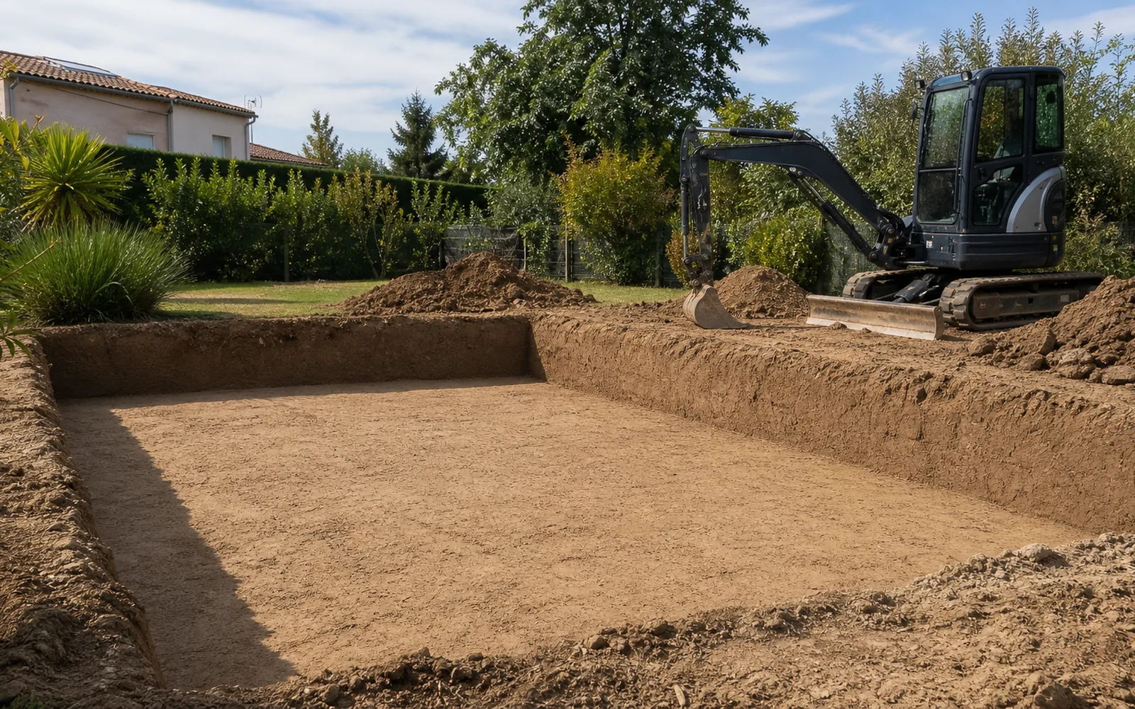 Fond de forme de piscine réglé après creusement à la mini-pelle dans le secteur de Montauban