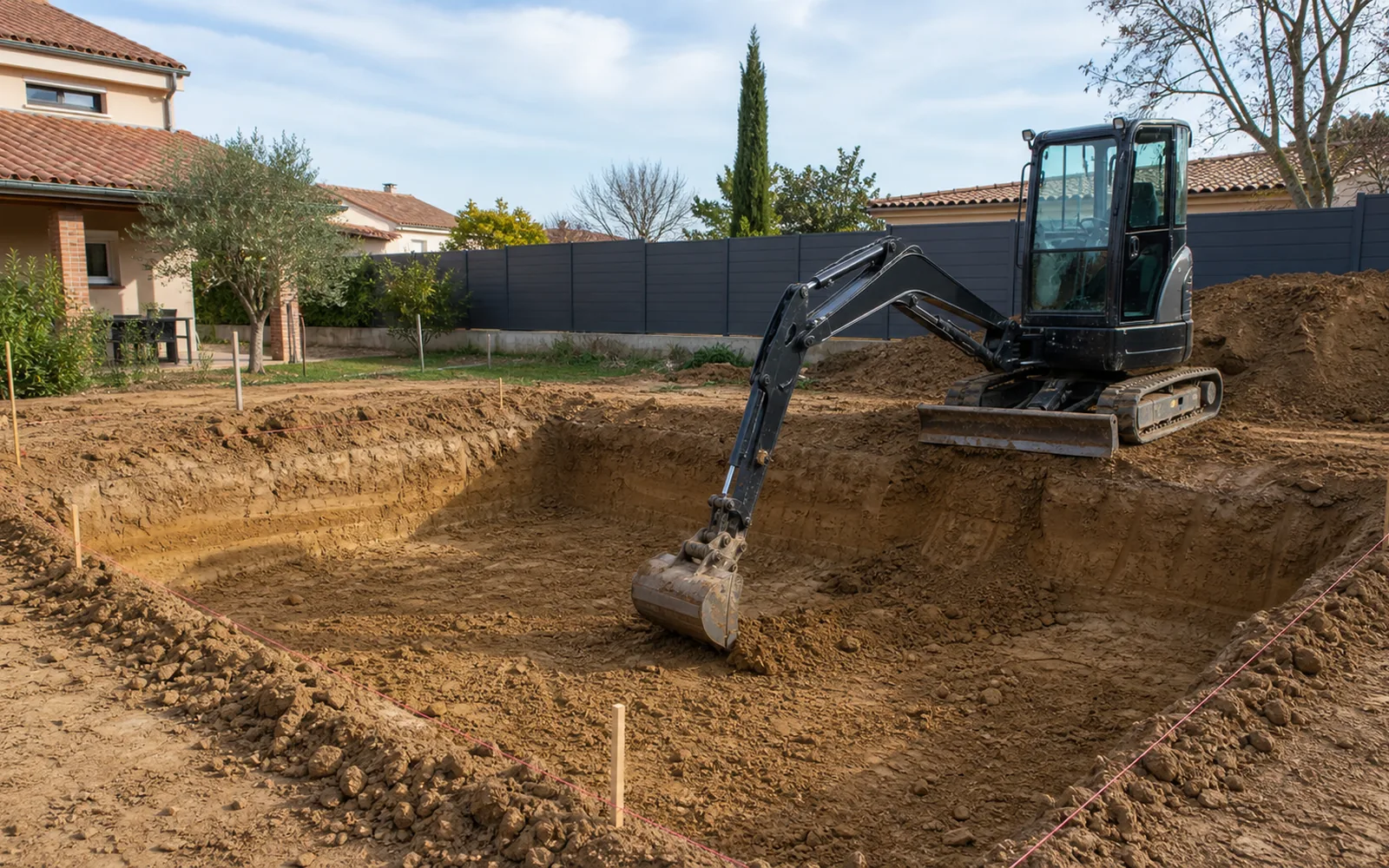 Mini-pelle creusant l'emplacement d'une piscine enterrée dans un jardin à Montauban