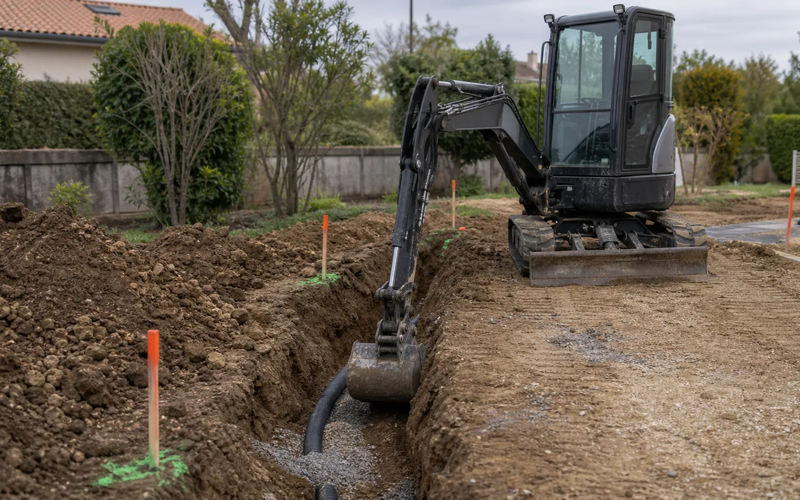 Fouille technique pour réseaux et drains réalisée avec mini-pelle à Montauban