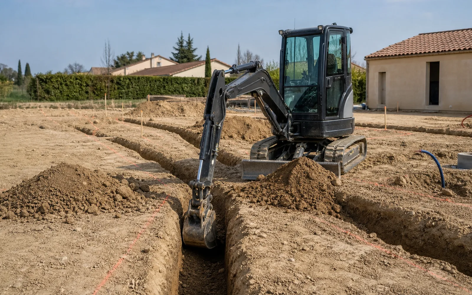 Mini-pelle réalisant des fouilles et tranchées techniques sur un chantier à Montauban