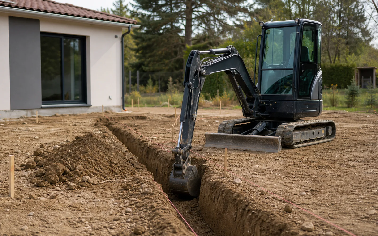 Tranchée de fondation ouverte à la mini-pelle pour un ouvrage de maison à Montauban