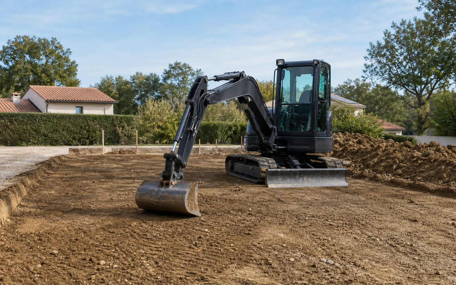 Mini-pelle préparant les sols avant construction ou aménagement sur un terrain à Montauban