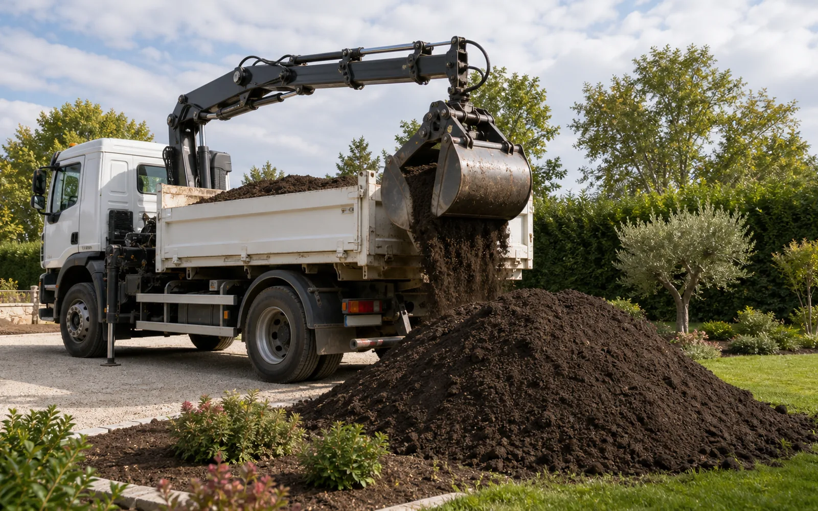 Camion-grue livrant de la terre végétale en vrac pour jardin à Montauban