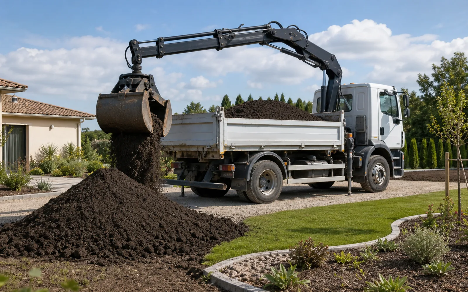 Livraison de terre végétale avec camion-grue pour remise en état de jardin à Montauban